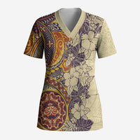 Polynesia Scrub Top Hibiscus Hawaiian Tribal Tattoo Retro Tan - Polynesian Pride