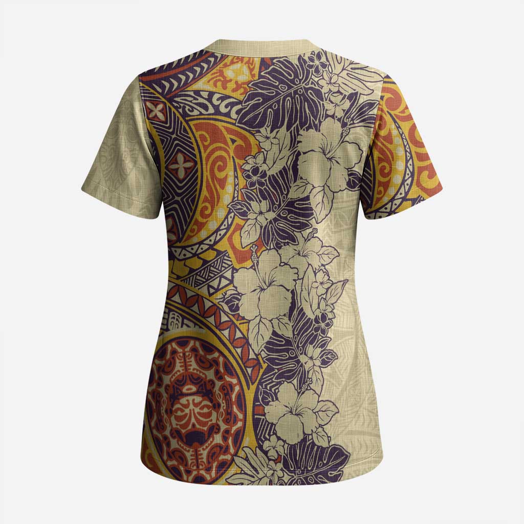 Polynesia Scrub Top Hibiscus Hawaiian Tribal Tattoo Retro Tan - Polynesian Pride