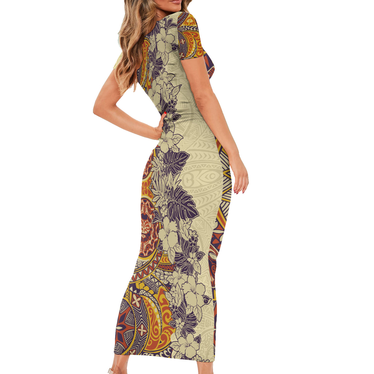 Polynesia Short Sleeve Bodycon Dress Hibiscus and Hawaiian Tribal Tattoo Retro Style Tan Color LT9 - Polynesian Pride