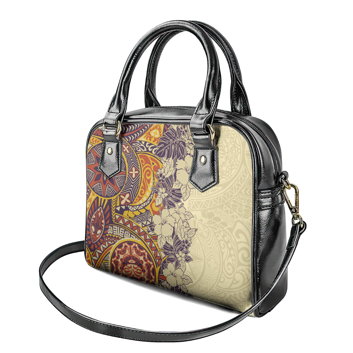 Polynesia Shoulder Handbag Hibiscus and Hawaiian Tribal Tattoo Retro Style Tan Color LT9 - Polynesian Pride