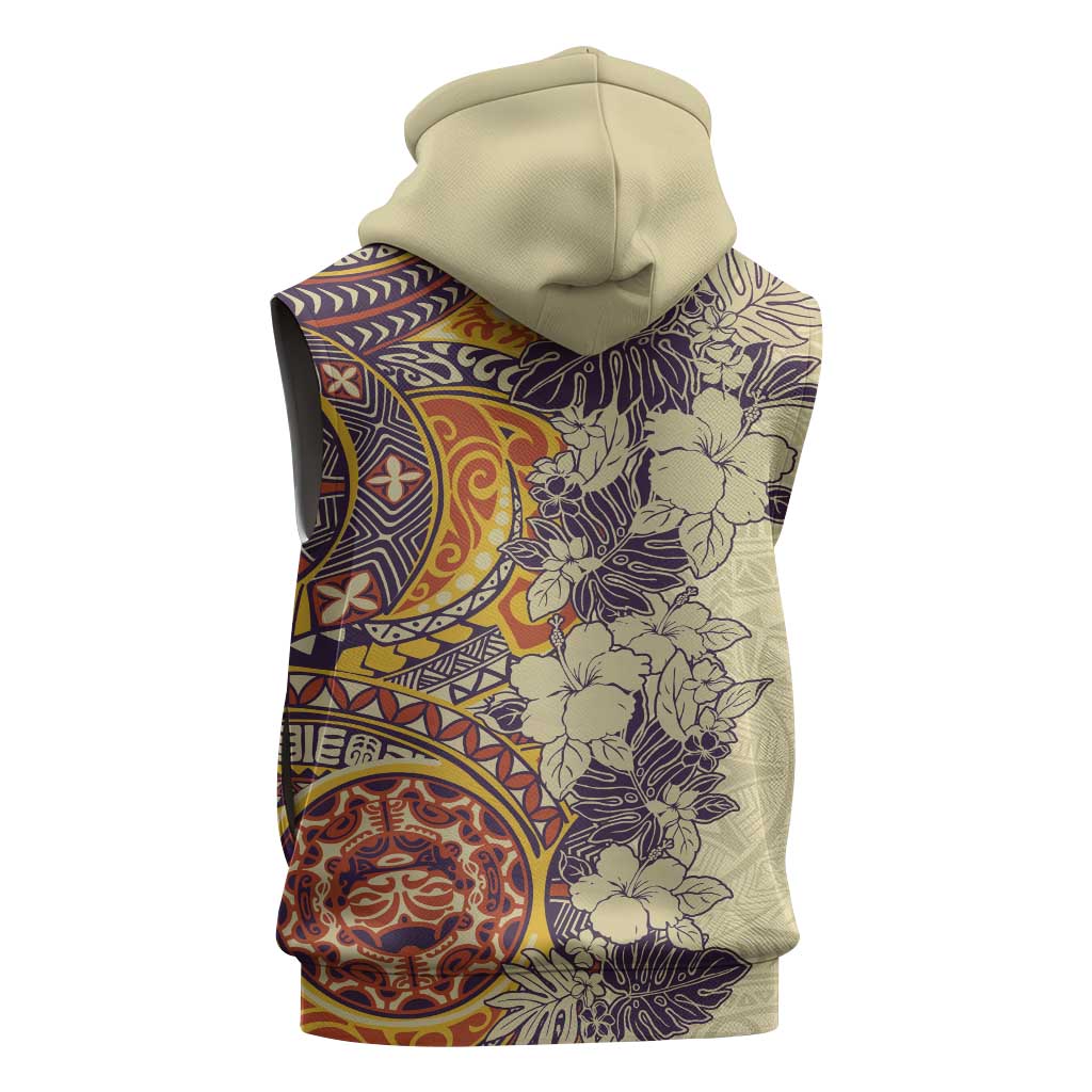 Polynesia Sleeveless Hoodie Hibiscus Hawaiian Tribal Tattoo Retro Tan LT9 - Polynesian Pride