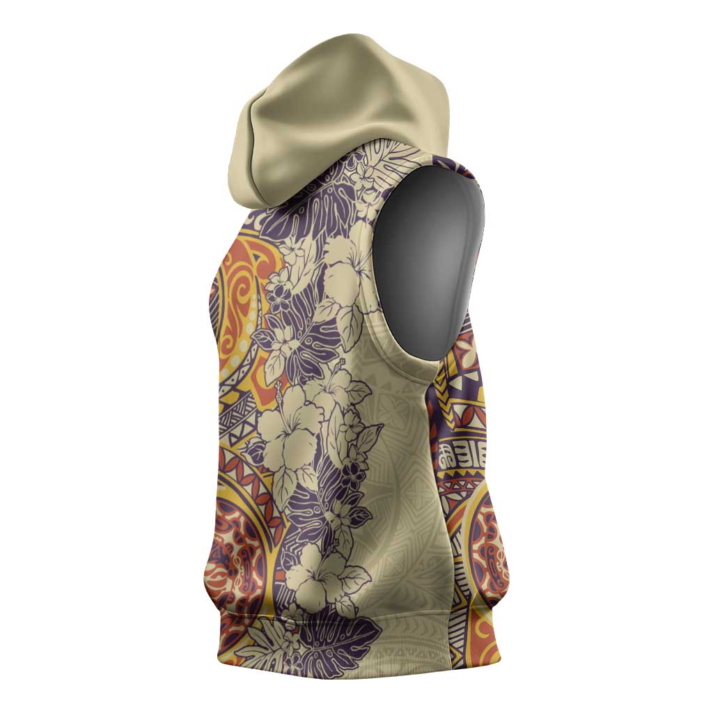 Polynesia Sleeveless Hoodie Hibiscus Hawaiian Tribal Tattoo Retro Tan LT9 - Polynesian Pride
