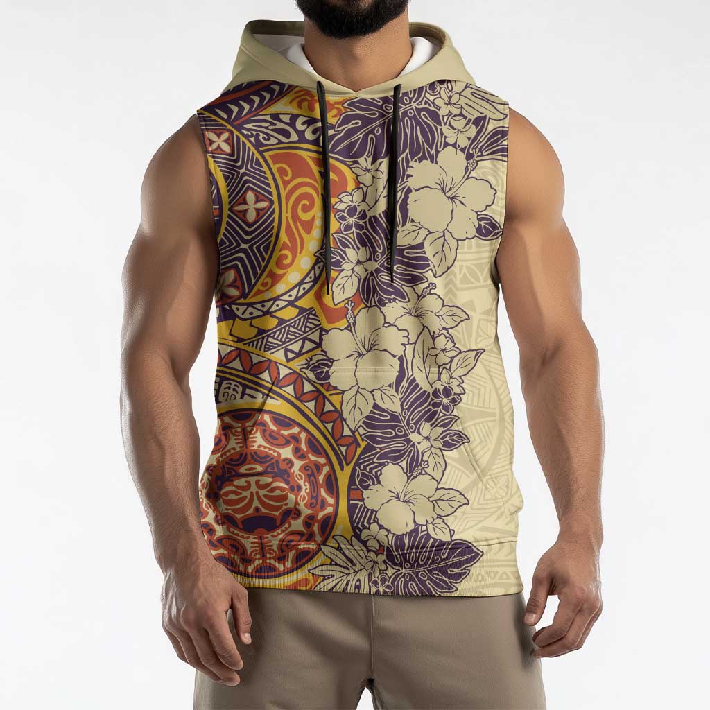 Polynesia Sleeveless Hoodie Hibiscus Hawaiian Tribal Tattoo Retro Tan LT9 - Polynesian Pride