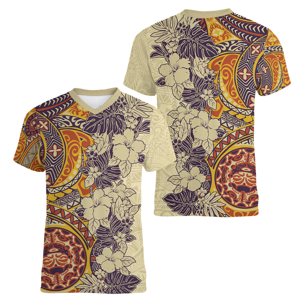 Polynesia Women V Neck T Shirt Hibiscus and Hawaiian Tribal Tattoo Retro Style Tan Color LT9 - Polynesian Pride