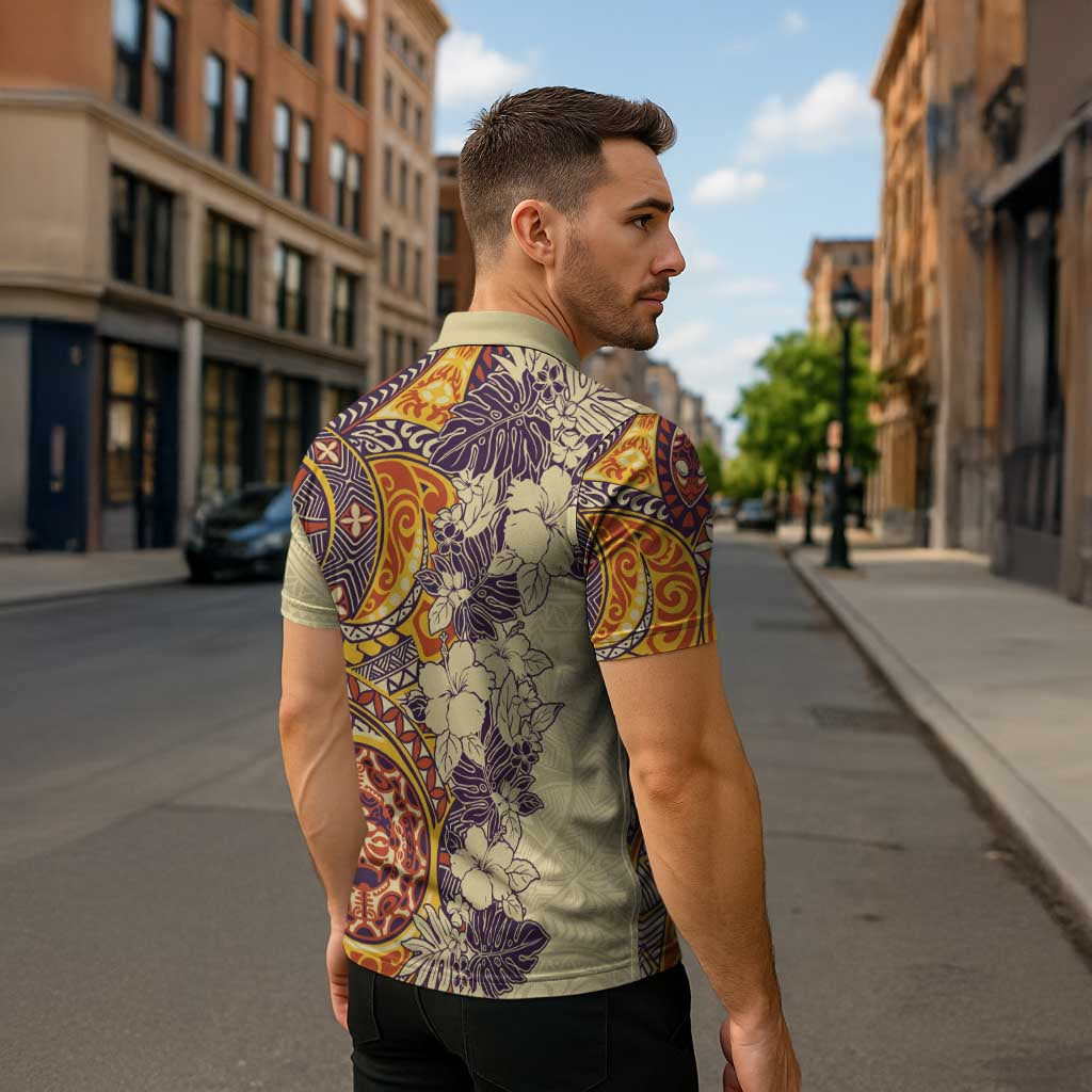 Polynesia Zipper Polo Shirt Hibiscus Hawaiian Tribal Tattoo Retro Tan - Polynesian Pride