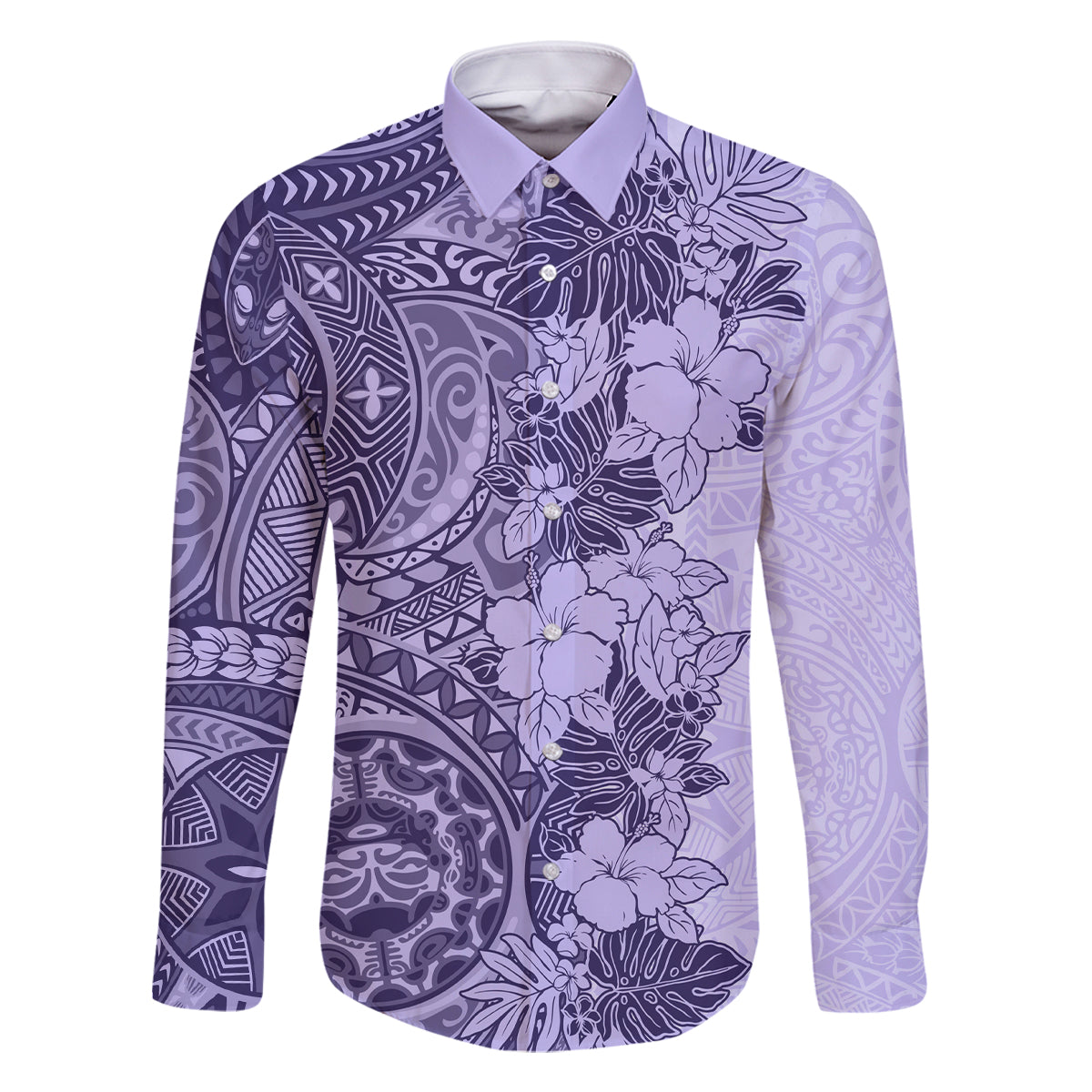 Polynesia Family Matching Summer Maxi Dress and Hawaiian Shirt Hibiscus and Hawaiian Tribal Tattoo Retro Style Violet Color LT9 Dad's Shirt - Long Sleeve Violet - Polynesian Pride