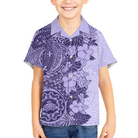 Polynesia Kid Hawaiian Shirt Hibiscus and Hawaiian Tribal Tattoo Retro Style Violet Color LT9 Kid Violet - Polynesian Pride