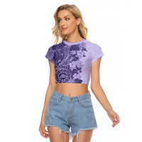 Polynesia Raglan Cropped T Shirt Hibiscus and Hawaiian Tribal Tattoo Retro Style Violet Color LT9 Female Violet - Polynesian Pride