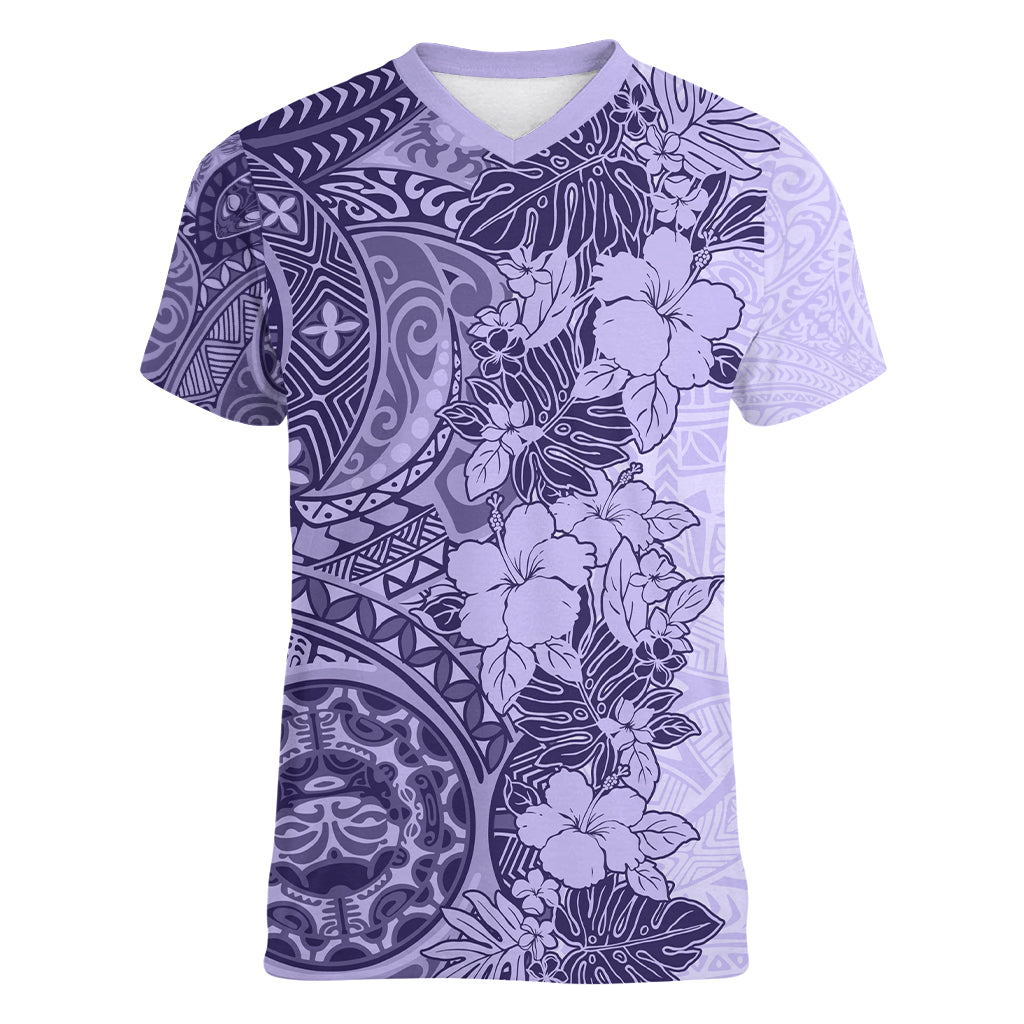Polynesia Women V Neck T Shirt Hibiscus and Hawaiian Tribal Tattoo Retro Style Violet Color LT9 Female Violet - Polynesian Pride