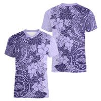 Polynesia Women V Neck T Shirt Hibiscus and Hawaiian Tribal Tattoo Retro Style Violet Color LT9 - Polynesian Pride