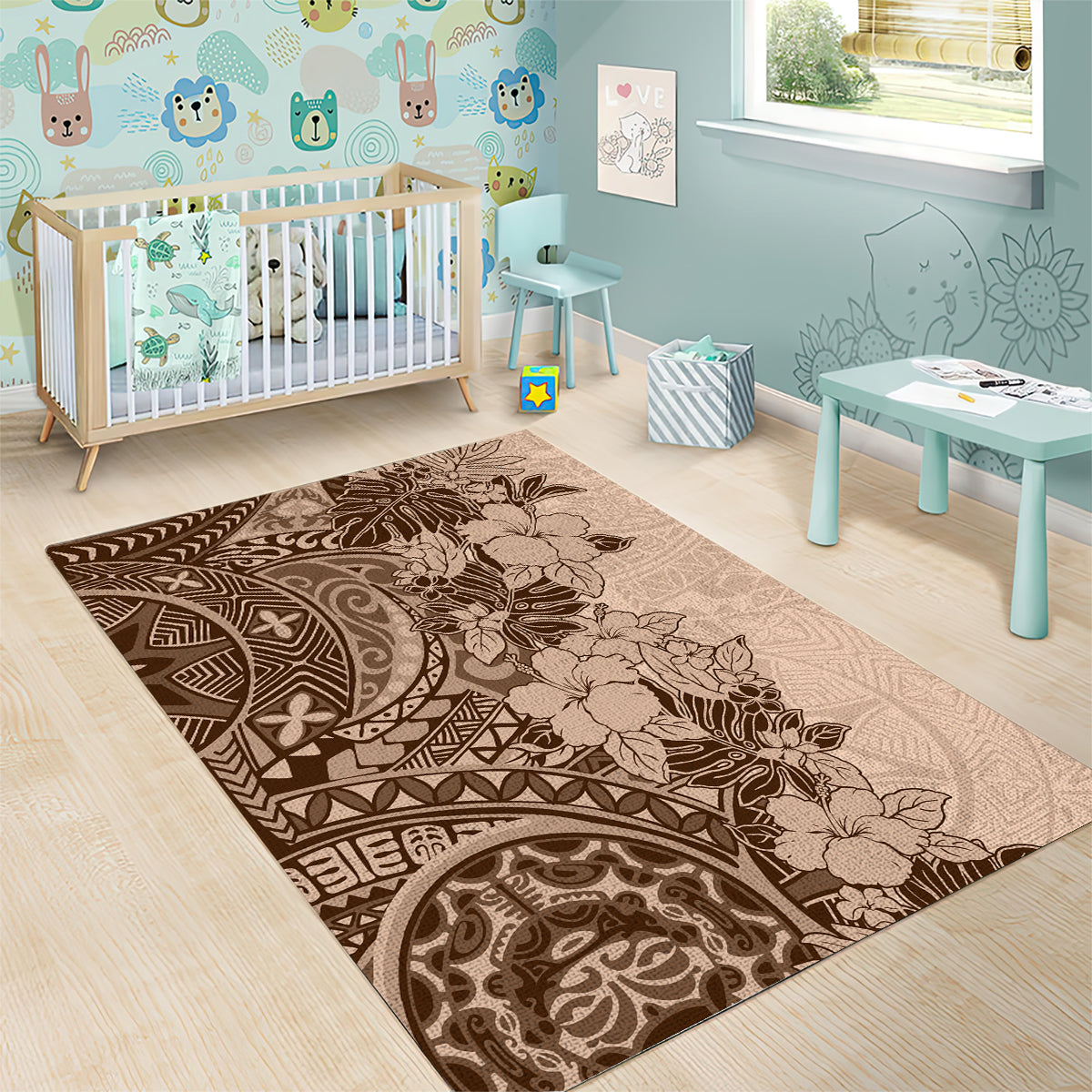 Polynesia Area Rug Hibiscus and Hawaiian Tribal Tattoo Retro Style Pink Pastel LT9 - Polynesian Pride