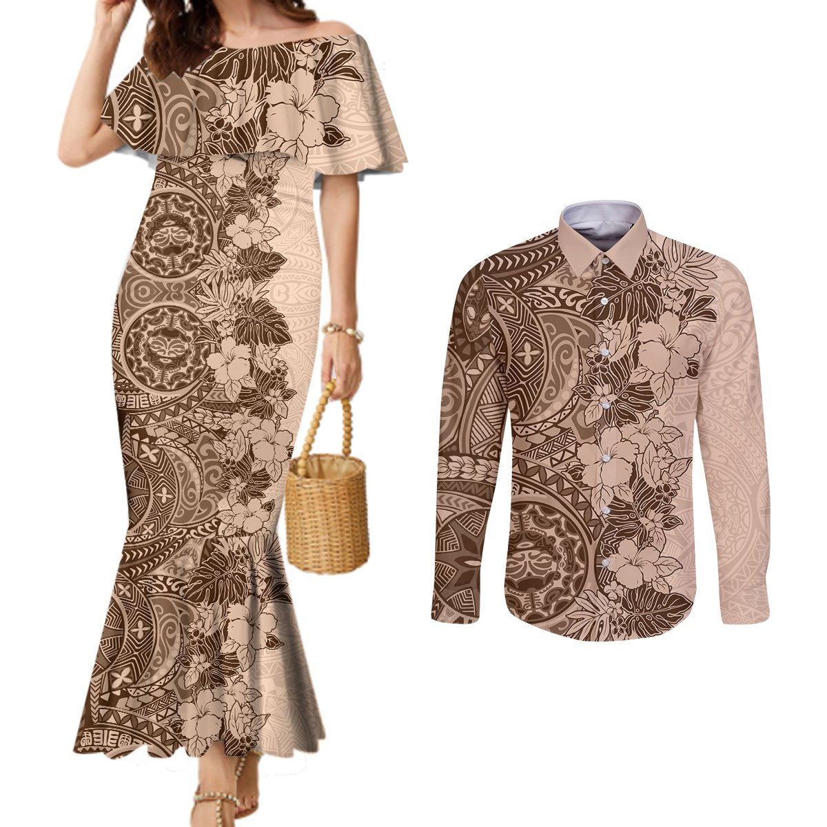 Polynesia Couples Matching Mermaid Dress and Long Sleeve Button Shirt Hibiscus and Hawaiian Tribal Tattoo Retro Style Pink Pastel LT9 Pink Pastel - Polynesian Pride