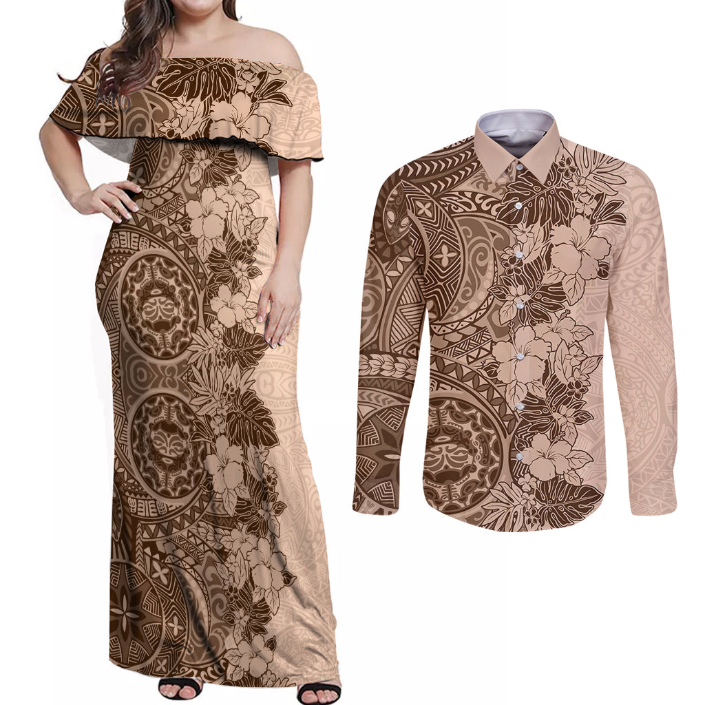 Polynesia Couples Matching Off Shoulder Maxi Dress and Long Sleeve Button Shirt Hibiscus and Hawaiian Tribal Tattoo Retro Style Pink Pastel LT9 Pink Pastel - Polynesian Pride
