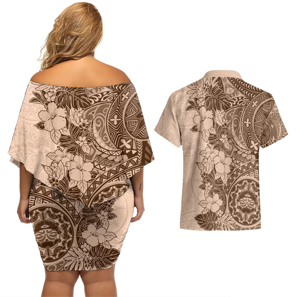 Polynesia Couples Matching Off Shoulder Short Dress and Hawaiian Shirt Hibiscus and Hawaiian Tribal Tattoo Retro Style Pink Pastel LT9 - Polynesian Pride