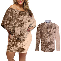 Polynesia Couples Matching Off Shoulder Short Dress and Long Sleeve Button Shirt Hibiscus and Hawaiian Tribal Tattoo Retro Style Pink Pastel LT9 Pink Pastel - Polynesian Pride