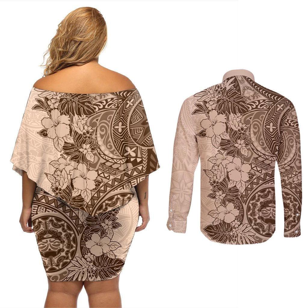 Polynesia Couples Matching Off Shoulder Short Dress and Long Sleeve Button Shirt Hibiscus and Hawaiian Tribal Tattoo Retro Style Pink Pastel LT9 - Polynesian Pride