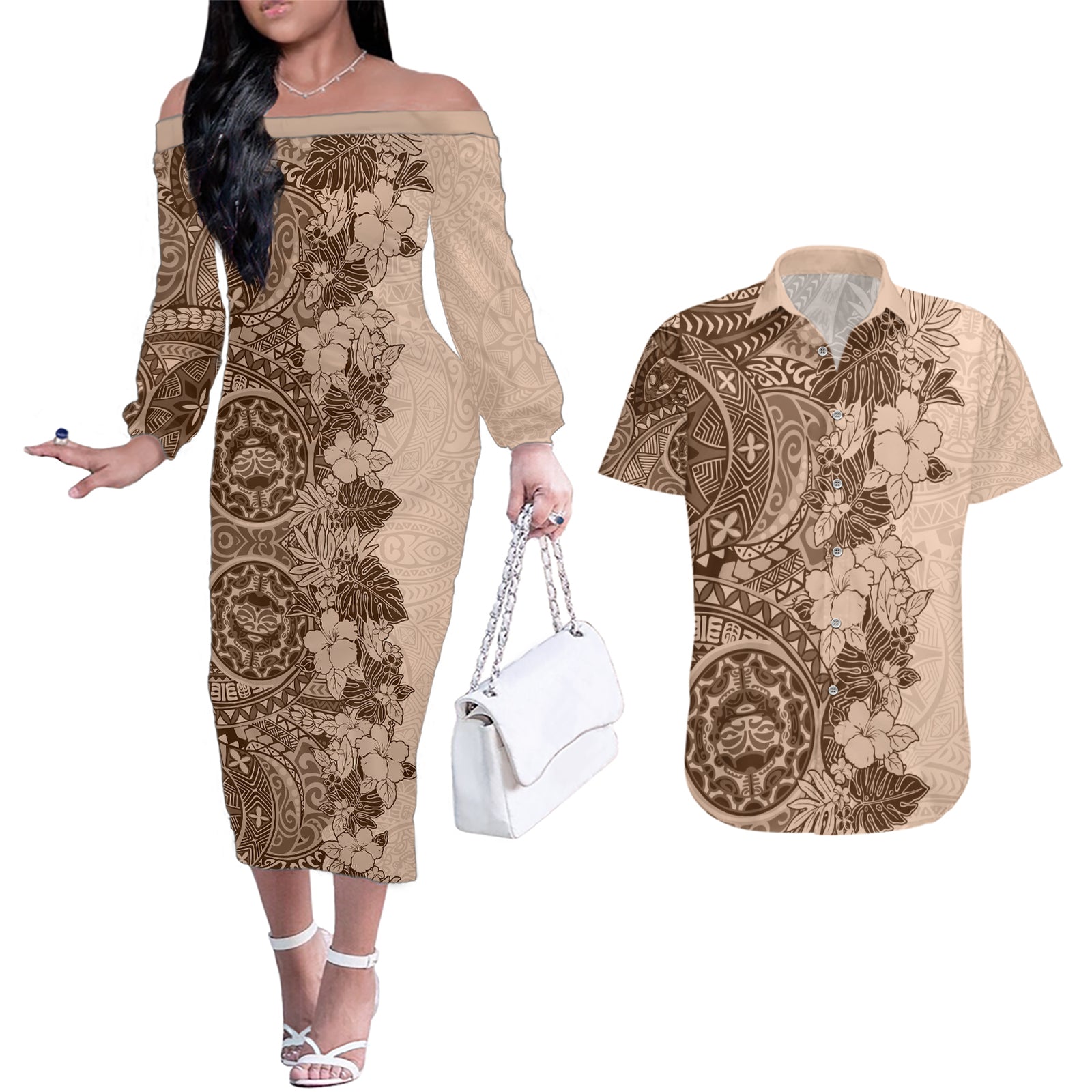 Polynesia Couples Matching Off The Shoulder Long Sleeve Dress and Hawaiian Shirt Hibiscus and Hawaiian Tribal Tattoo Retro Style Pink Pastel LT9 Pink Pastel - Polynesian Pride