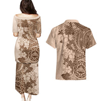 Polynesia Couples Matching Puletasi Dress and Hawaiian Shirt Hibiscus and Hawaiian Tribal Tattoo Retro Style Pink Pastel LT9 - Polynesian Pride