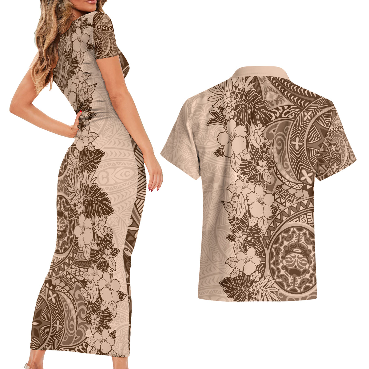 Polynesia Couples Matching Short Sleeve Bodycon Dress and Hawaiian Shirt Hibiscus and Hawaiian Tribal Tattoo Retro Style Pink Pastel LT9 - Polynesian Pride