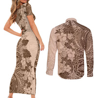 Polynesia Couples Matching Short Sleeve Bodycon Dress and Long Sleeve Button Shirt Hibiscus and Hawaiian Tribal Tattoo Retro Style Pink Pastel LT9 - Polynesian Pride