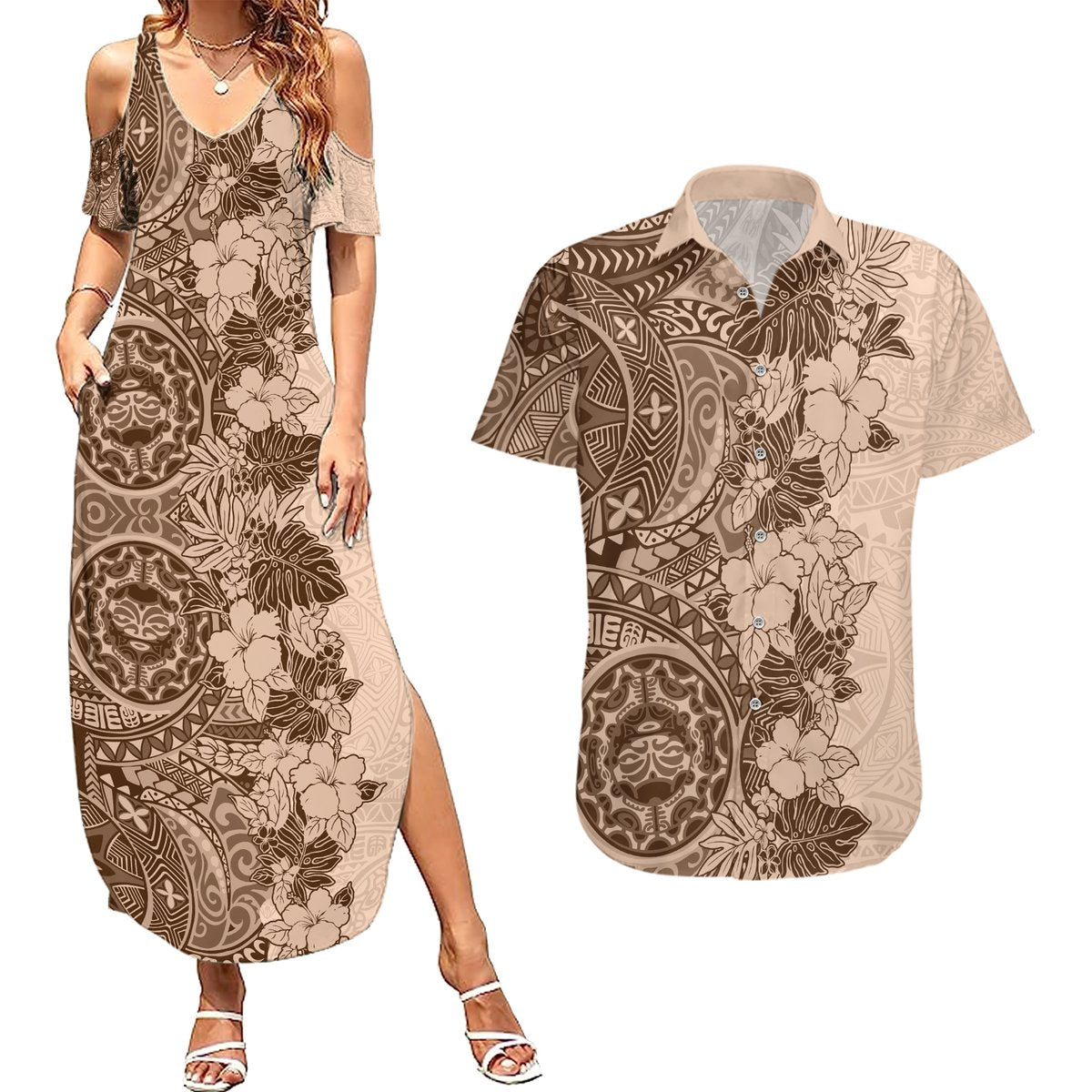 Polynesia Couples Matching Summer Maxi Dress and Hawaiian Shirt Hibiscus and Hawaiian Tribal Tattoo Retro Style Pink Pastel LT9 Pink Pastel - Polynesian Pride
