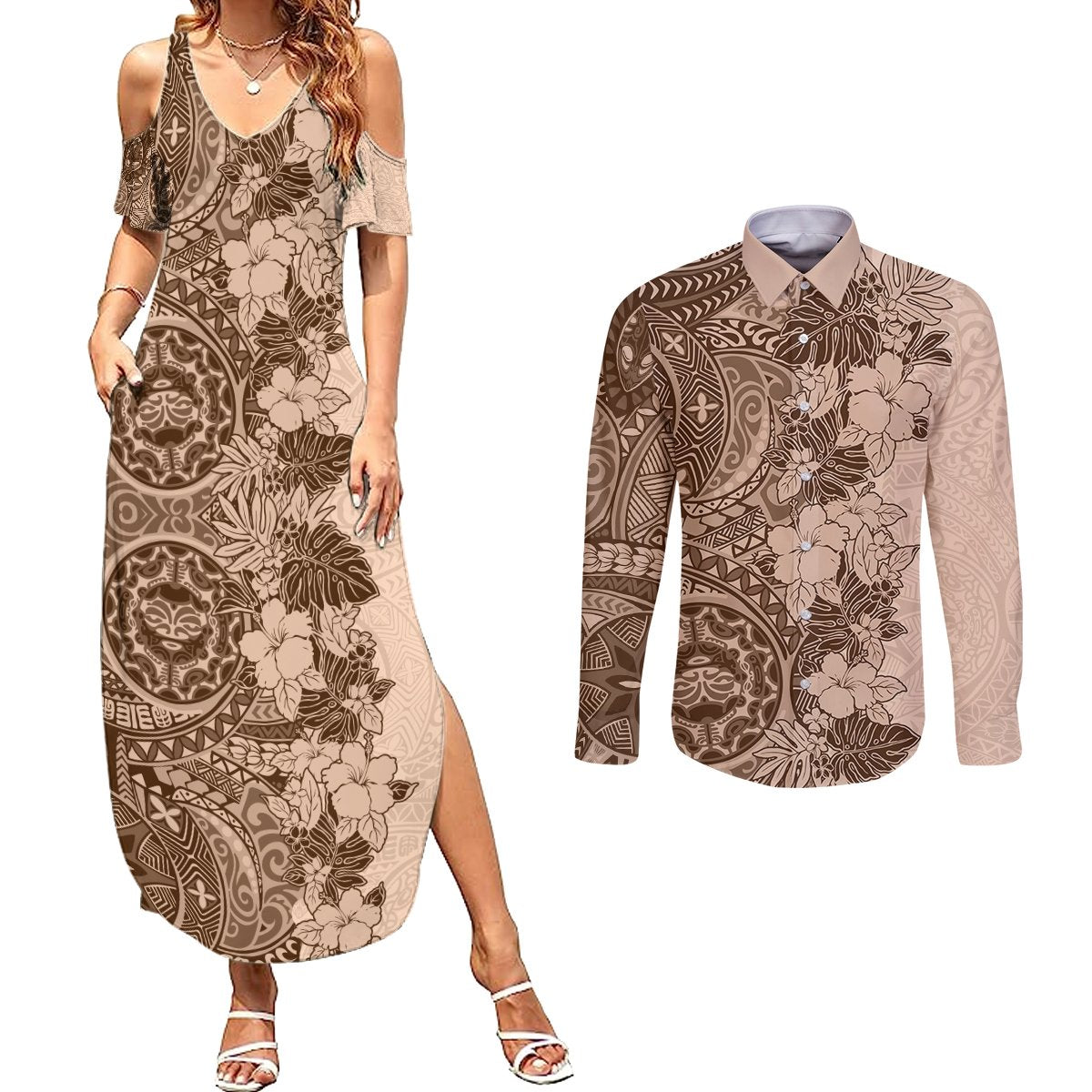 Polynesia Couples Matching Summer Maxi Dress and Long Sleeve Button Shirt Hibiscus and Hawaiian Tribal Tattoo Retro Style Pink Pastel LT9 Pink Pastel - Polynesian Pride