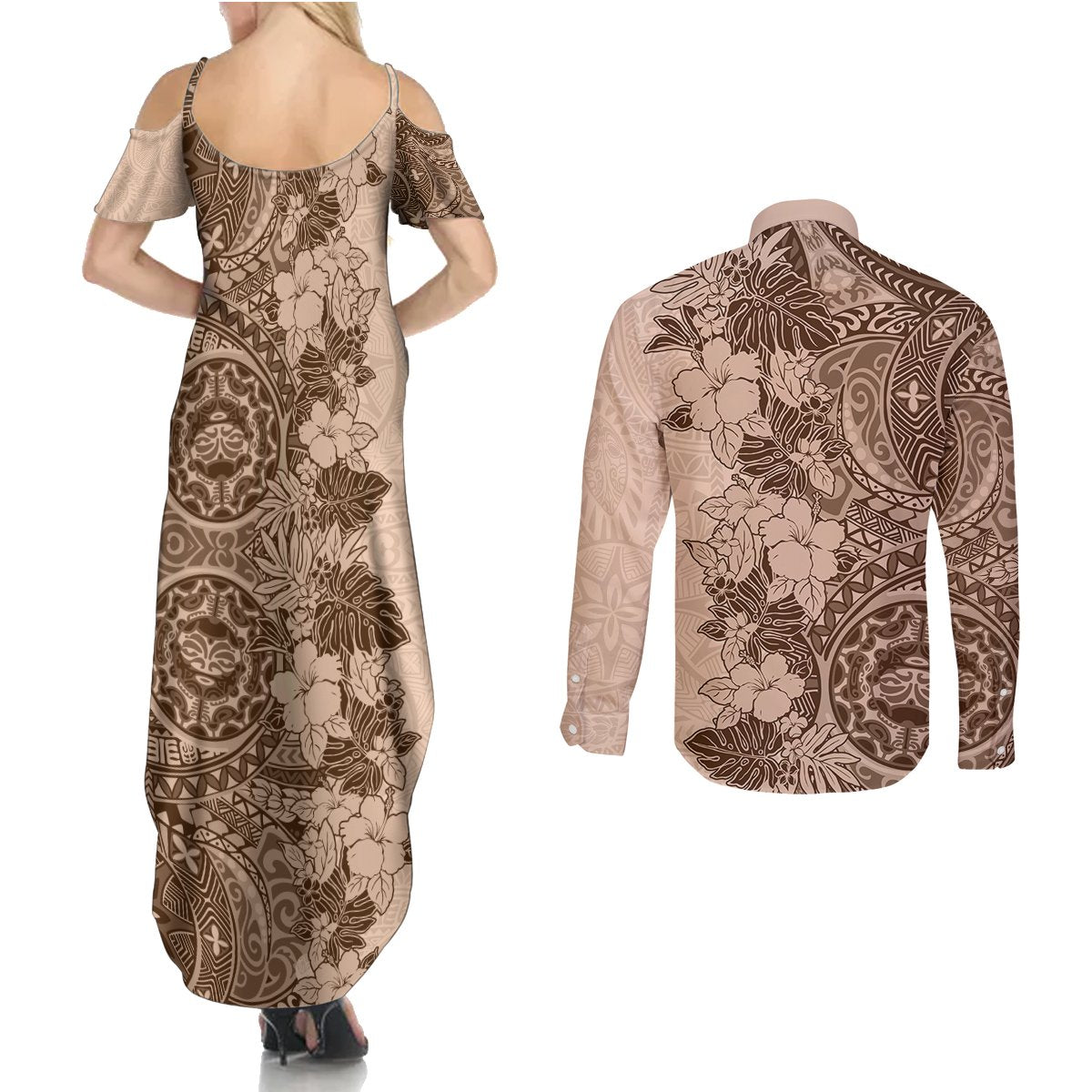 Polynesia Couples Matching Summer Maxi Dress and Long Sleeve Button Shirt Hibiscus and Hawaiian Tribal Tattoo Retro Style Pink Pastel LT9 - Polynesian Pride