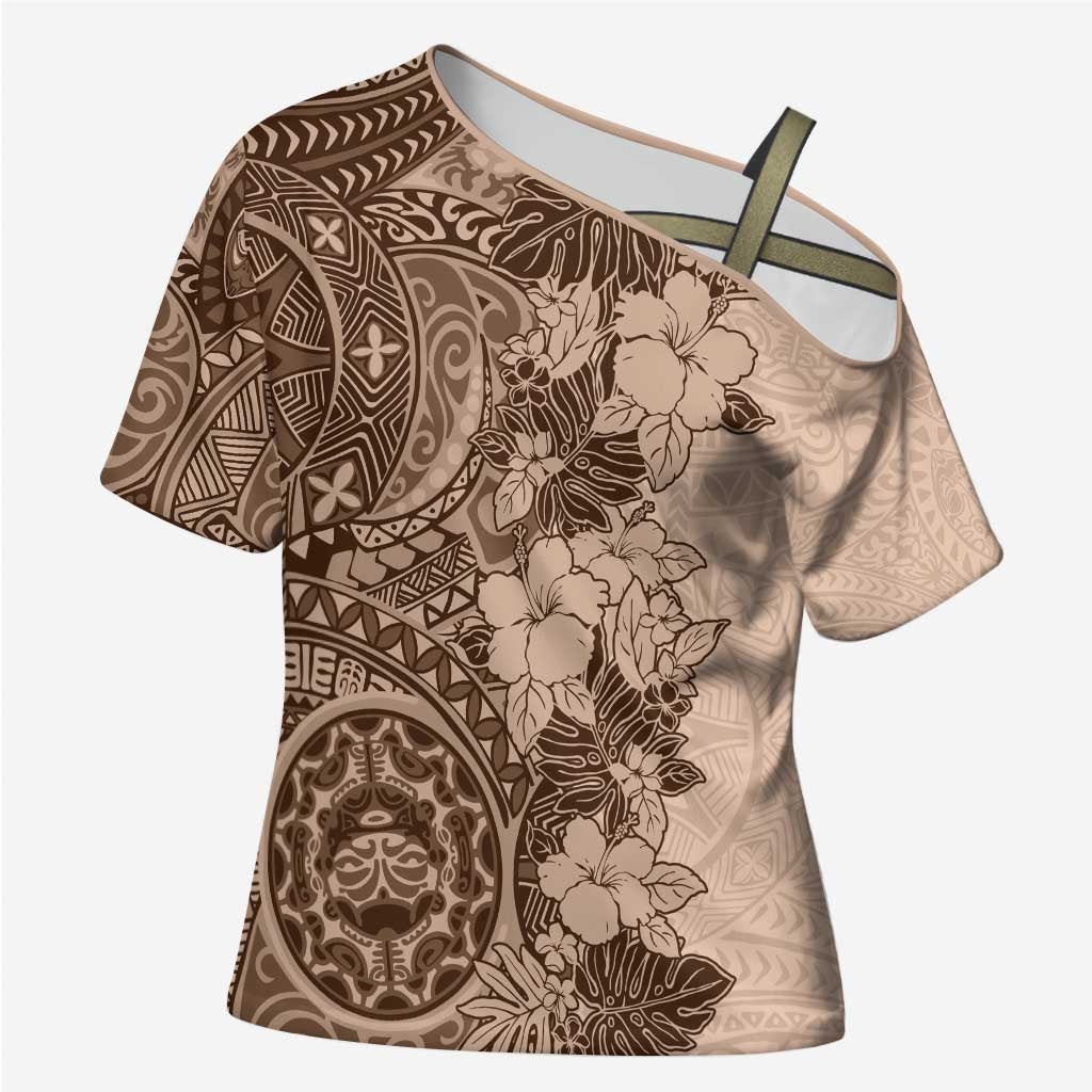 Polynesia Cross Shoulder Shirt Hibiscus Hawaiian Tribal Tattoo Retro Pink Pastel - Polynesian Pride