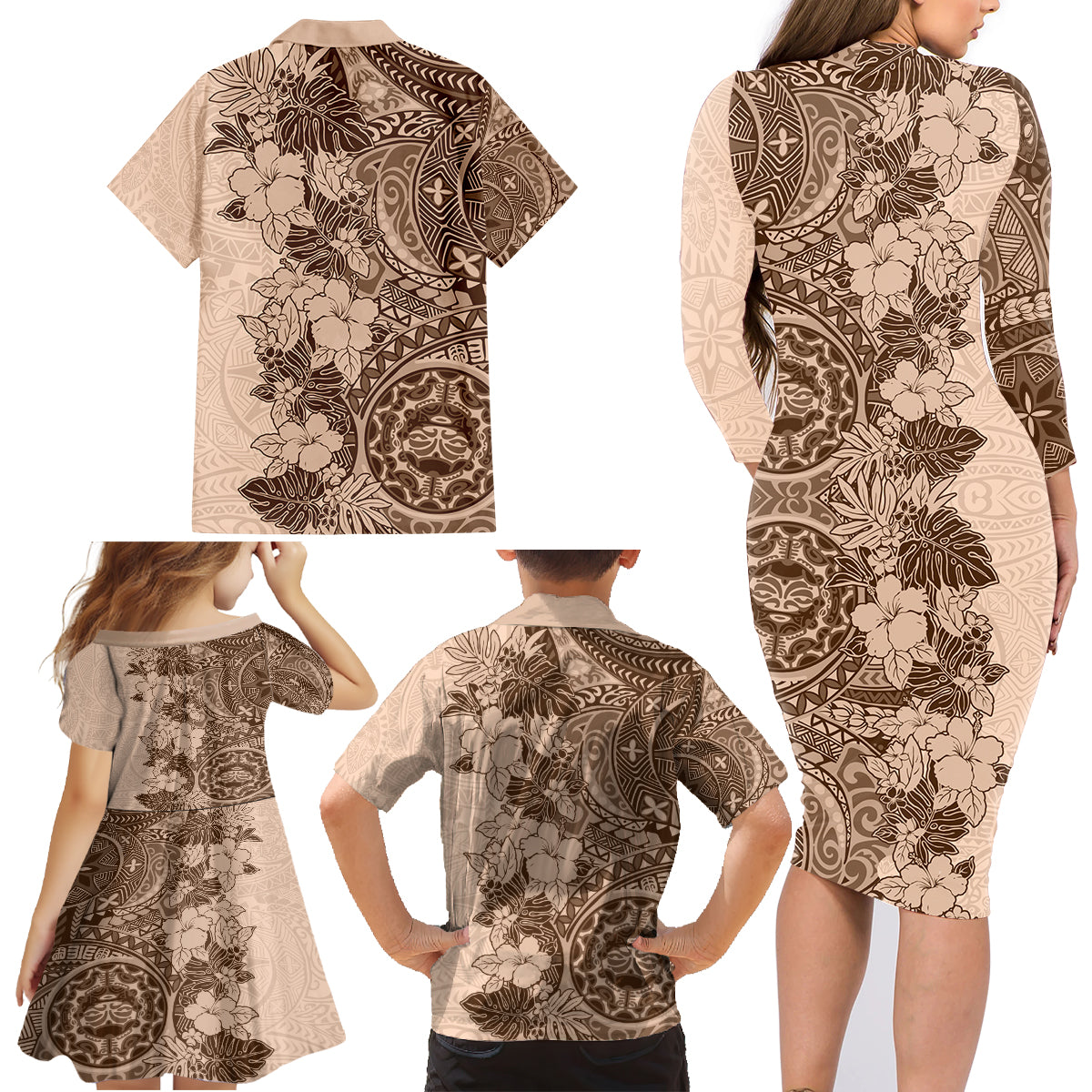 Polynesia Family Matching Long Sleeve Bodycon Dress and Hawaiian Shirt Hibiscus and Hawaiian Tribal Tattoo Retro Style Pink Pastel LT9 - Polynesian Pride
