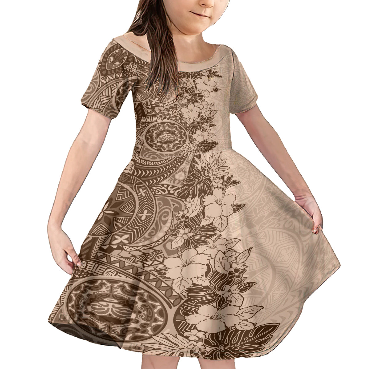 Polynesia Family Matching Mermaid Dress and Hawaiian Shirt Hibiscus and Hawaiian Tribal Tattoo Retro Style Pink Pastel LT9 Daughter's Dress Pink Pastel - Polynesian Pride