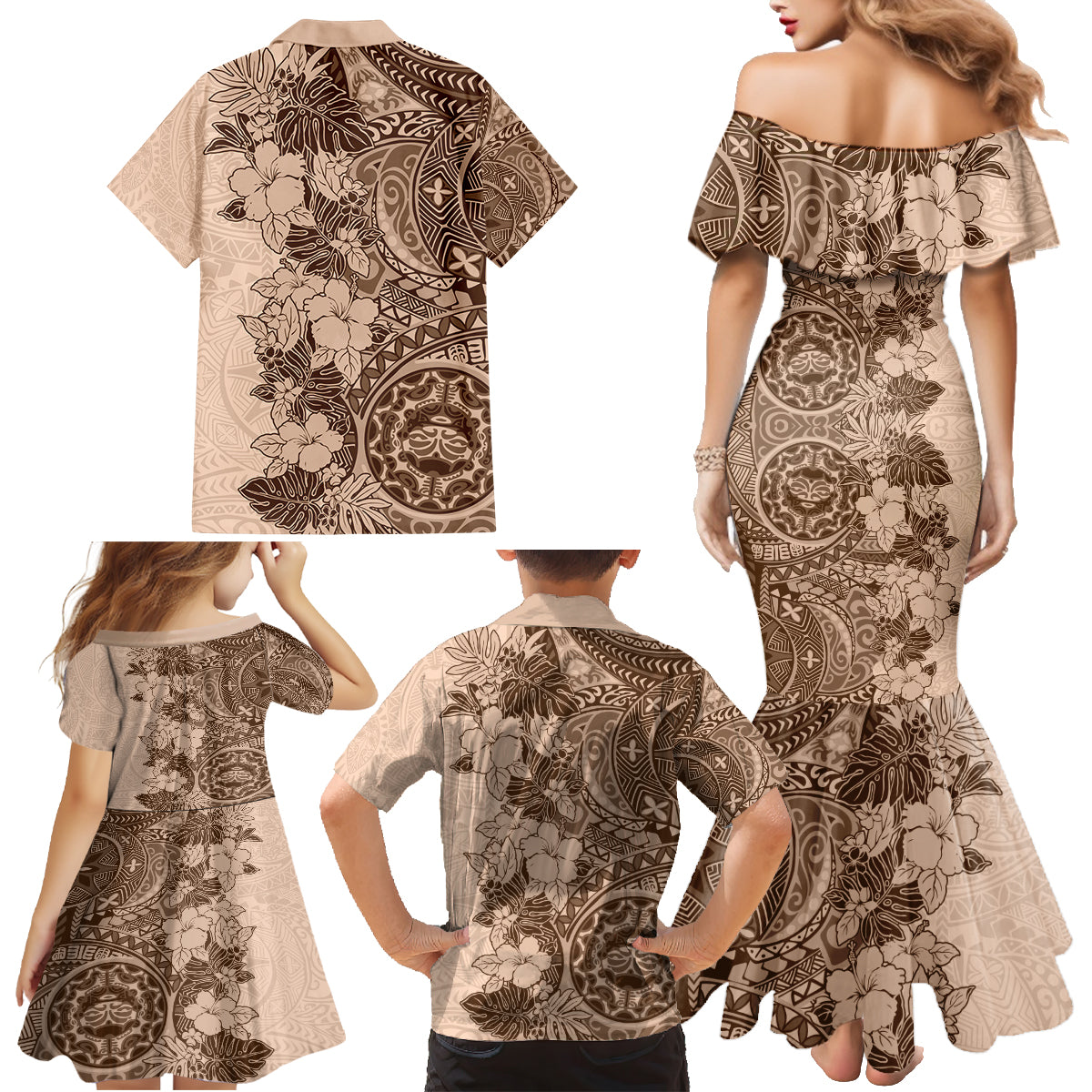 Polynesia Family Matching Mermaid Dress and Hawaiian Shirt Hibiscus and Hawaiian Tribal Tattoo Retro Style Pink Pastel LT9 - Polynesian Pride