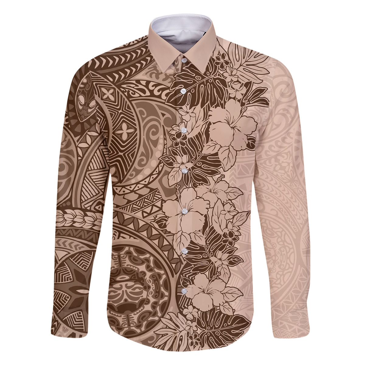 Polynesia Family Matching Off Shoulder Short Dress and Hawaiian Shirt Hibiscus and Hawaiian Tribal Tattoo Retro Style Pink Pastel LT9 Dad's Shirt - Long Sleeve Pink Pastel - Polynesian Pride