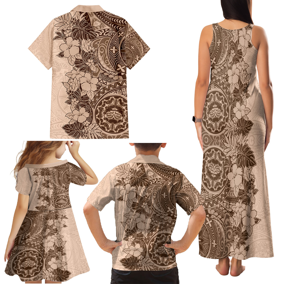 Polynesia Family Matching Tank Maxi Dress and Hawaiian Shirt Hibiscus and Hawaiian Tribal Tattoo Retro Style Pink Pastel LT9 - Polynesian Pride