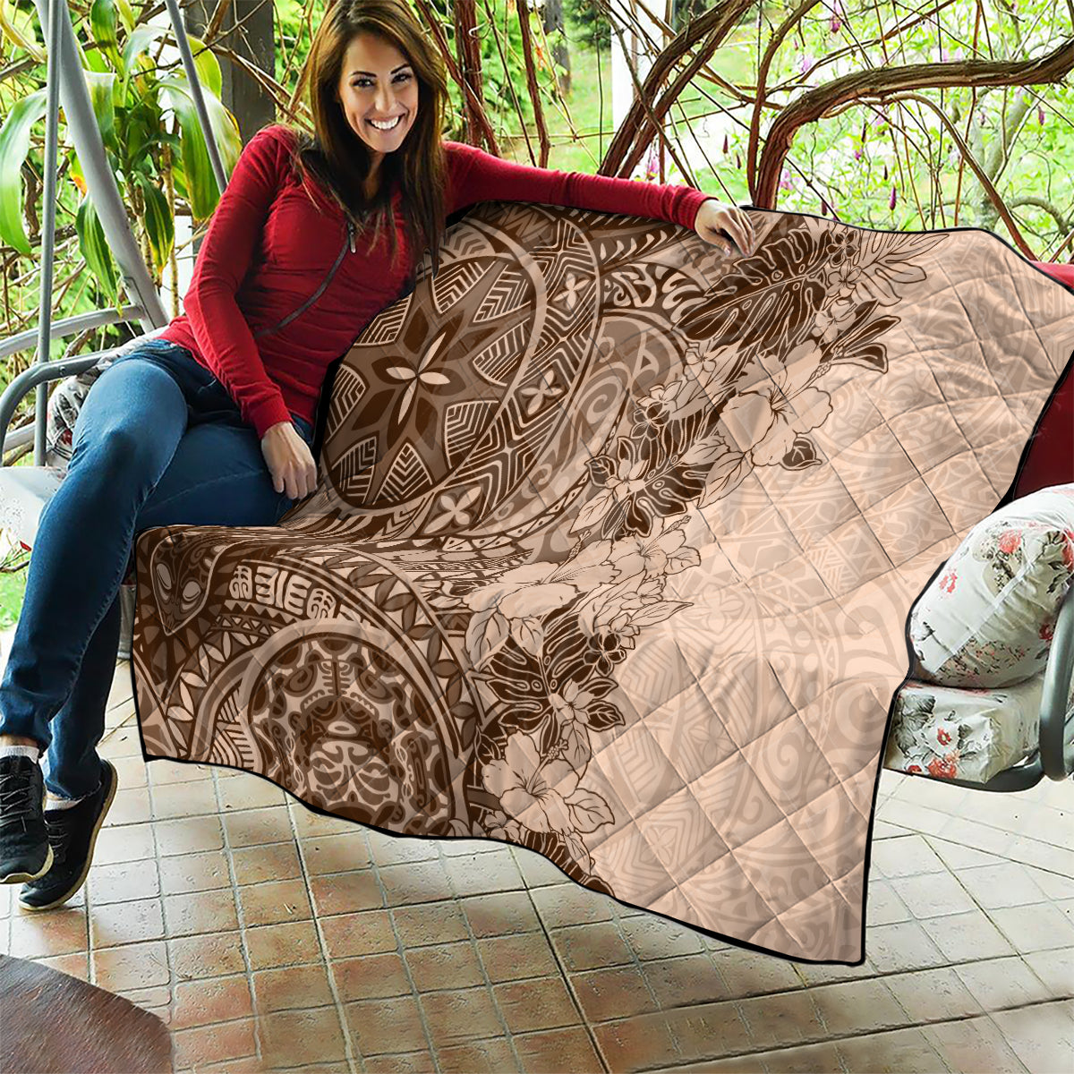 Polynesia Quilt Hibiscus and Hawaiian Tribal Tattoo Retro Style Pink Pastel LT9 - Polynesian Pride
