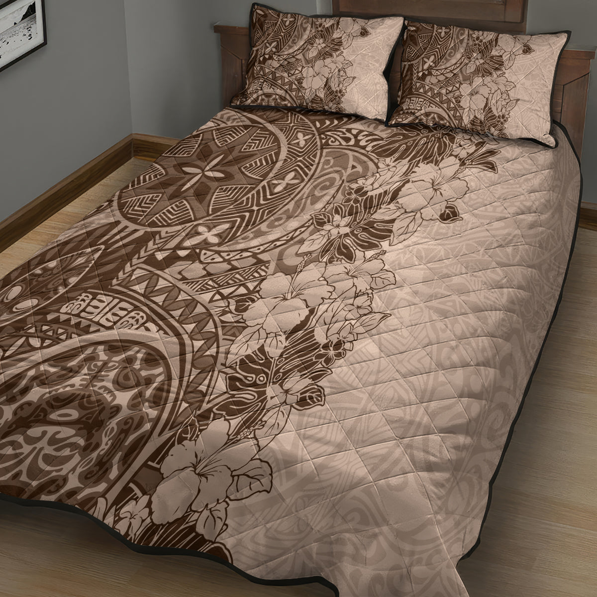 Polynesia Quilt Bed Set Hibiscus and Hawaiian Tribal Tattoo Retro Style Pink Pastel LT9 - Polynesian Pride