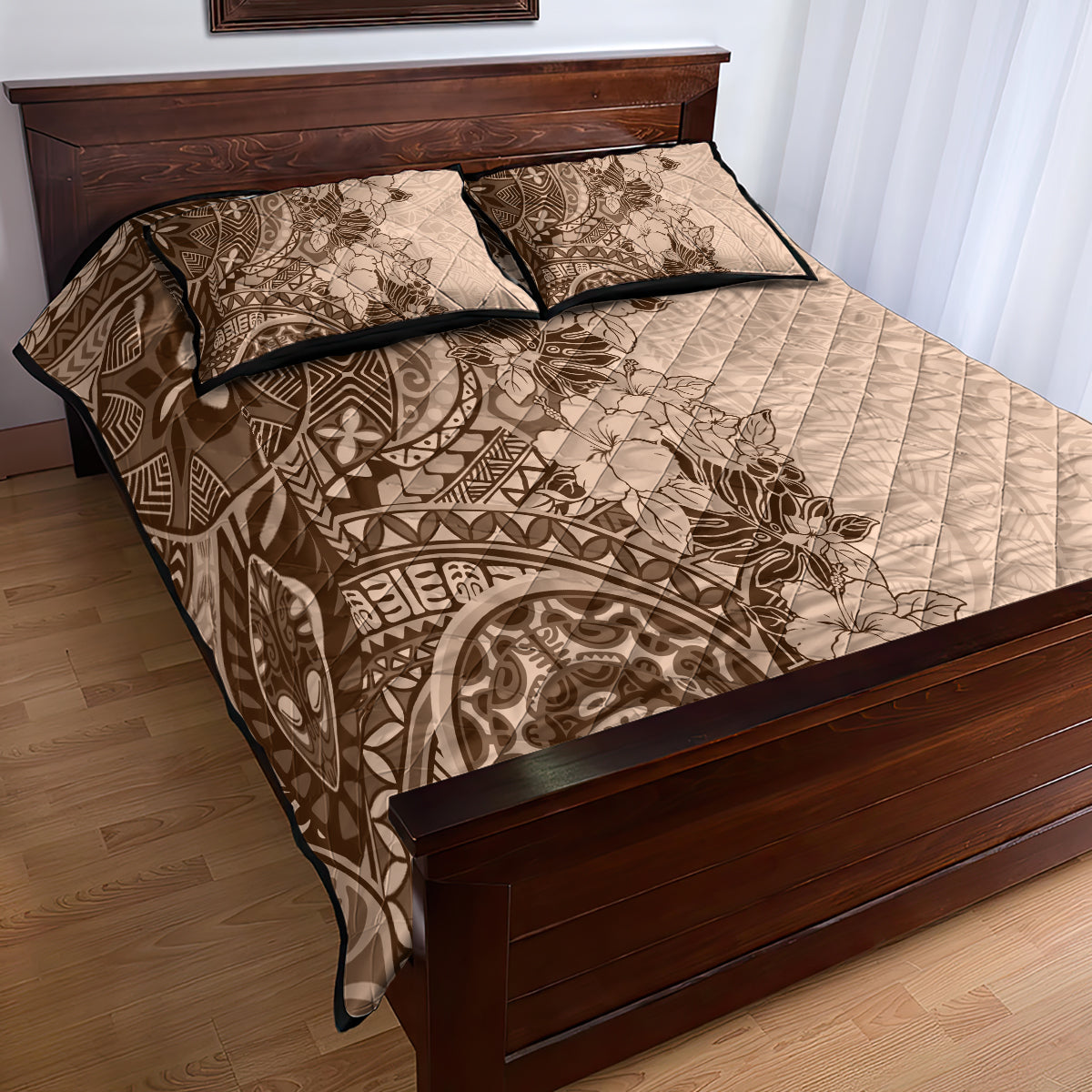 Polynesia Quilt Bed Set Hibiscus and Hawaiian Tribal Tattoo Retro Style Pink Pastel LT9 - Polynesian Pride