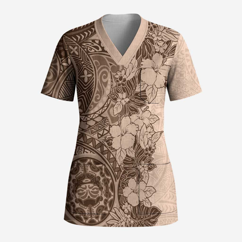 Polynesia Scrub Top Hibiscus Hawaiian Tribal Tattoo Retro Pink Pastel - Polynesian Pride