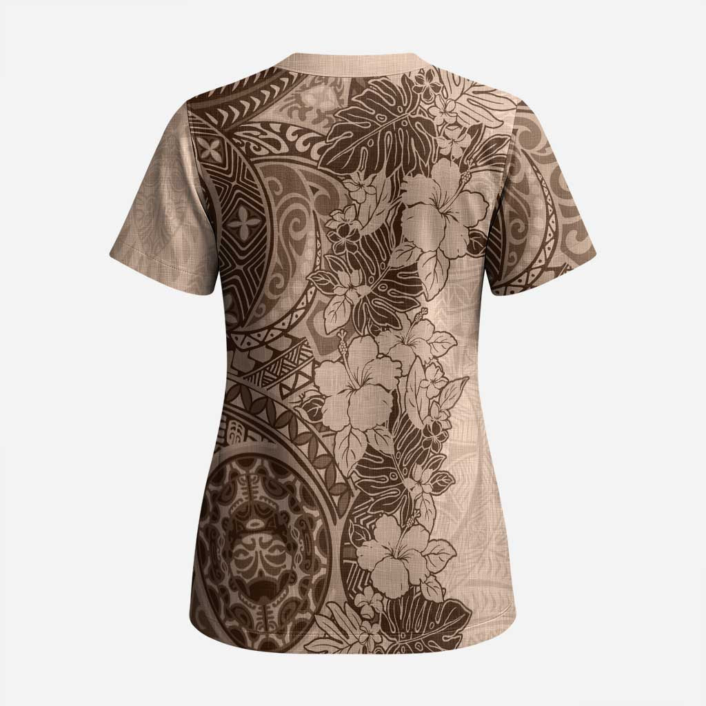 Polynesia Scrub Top Hibiscus Hawaiian Tribal Tattoo Retro Pink Pastel - Polynesian Pride