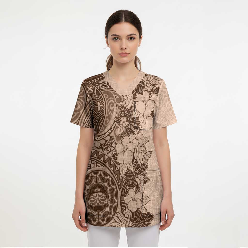 Polynesia Scrub Top Hibiscus Hawaiian Tribal Tattoo Retro Pink Pastel - Polynesian Pride