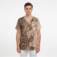 Polynesia Scrub Top Hibiscus Hawaiian Tribal Tattoo Retro Pink Pastel - Polynesian Pride