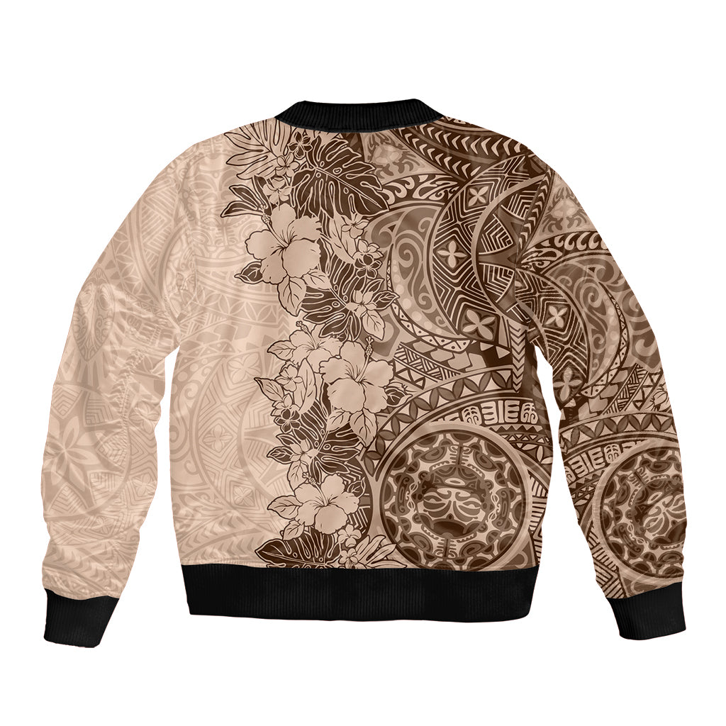 Polynesia Sleeve Zip Bomber Jacket Hibiscus and Hawaiian Tribal Tattoo Retro Style Pink Pastel LT9 - Polynesian Pride