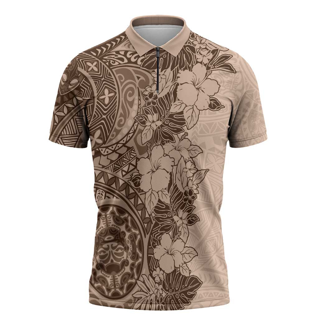 Polynesia Zipper Polo Shirt Hibiscus Hawaiian Tribal Tattoo Retro Pink Pastel - Polynesian Pride