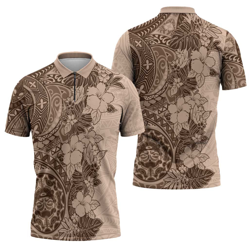 Polynesia Zipper Polo Shirt Hibiscus Hawaiian Tribal Tattoo Retro Pink Pastel - Polynesian Pride