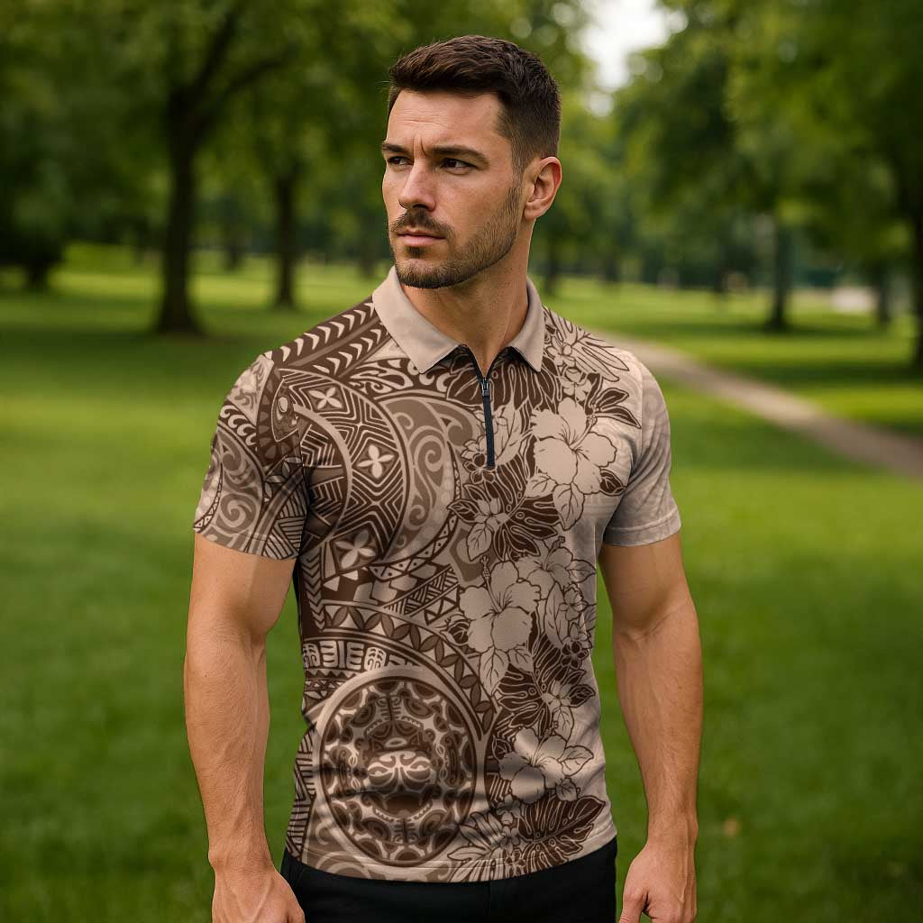 Polynesia Zipper Polo Shirt Hibiscus Hawaiian Tribal Tattoo Retro Pink Pastel - Polynesian Pride