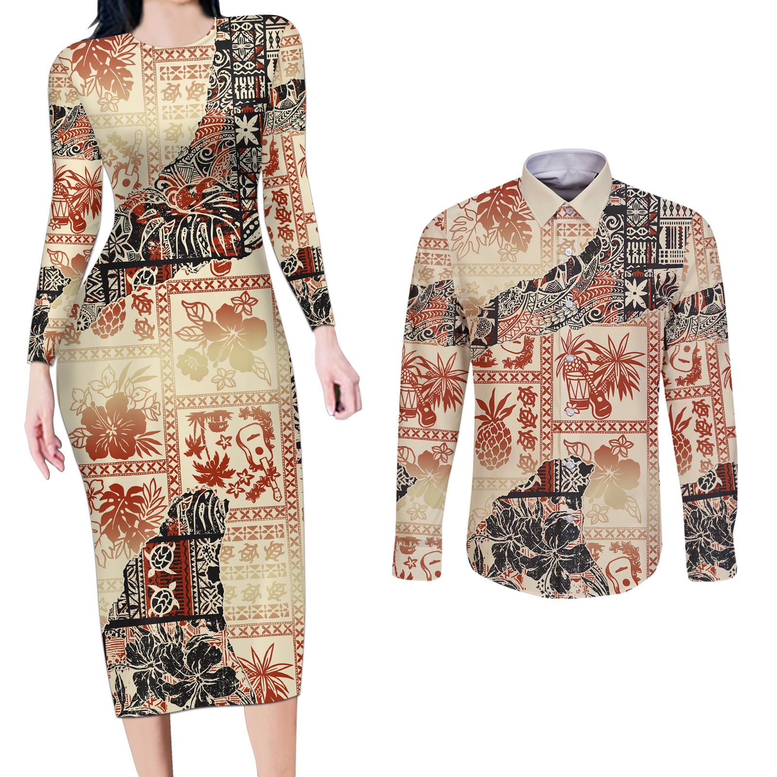 Hawaii Couples Matching Long Sleeve Bodycon Dress and Long Sleeve Button Shirt Aloha Tribal Pattern Beige Version LT9 Beige - Polynesian Pride