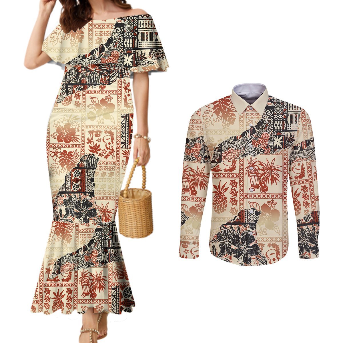 Hawaii Couples Matching Mermaid Dress and Long Sleeve Button Shirt Aloha Tribal Pattern Beige Version LT9 Beige - Polynesian Pride