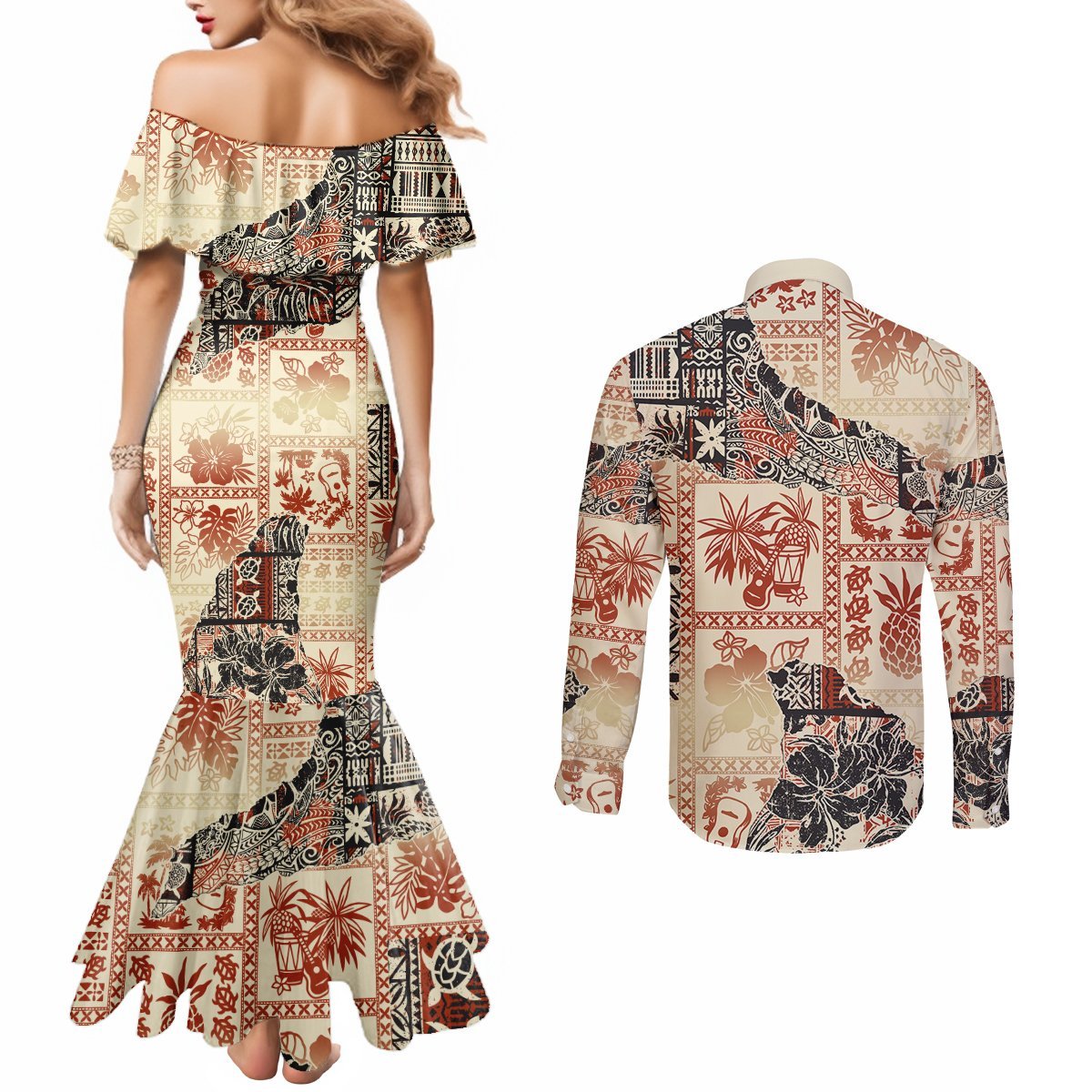 Hawaii Couples Matching Mermaid Dress and Long Sleeve Button Shirt Aloha Tribal Pattern Beige Version LT9 - Polynesian Pride