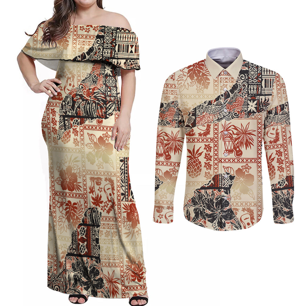 Hawaii Couples Matching Off Shoulder Maxi Dress and Long Sleeve Button Shirt Aloha Tribal Pattern Beige Version LT9 Beige - Polynesian Pride