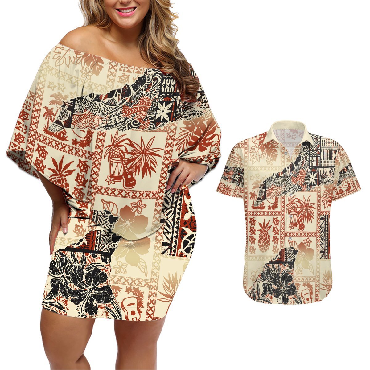 Hawaii Couples Matching Off Shoulder Short Dress and Hawaiian Shirt Aloha Tribal Pattern Beige Version LT9 Beige - Polynesian Pride