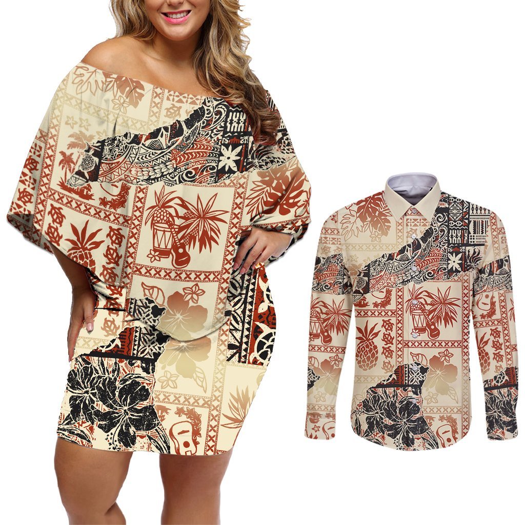 Hawaii Couples Matching Off Shoulder Short Dress and Long Sleeve Button Shirt Aloha Tribal Pattern Beige Version LT9 Beige - Polynesian Pride